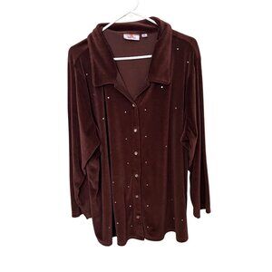 Quacker Factory Womens 2X Brown Velour Button-Up Shirt With Rhinestone Accents